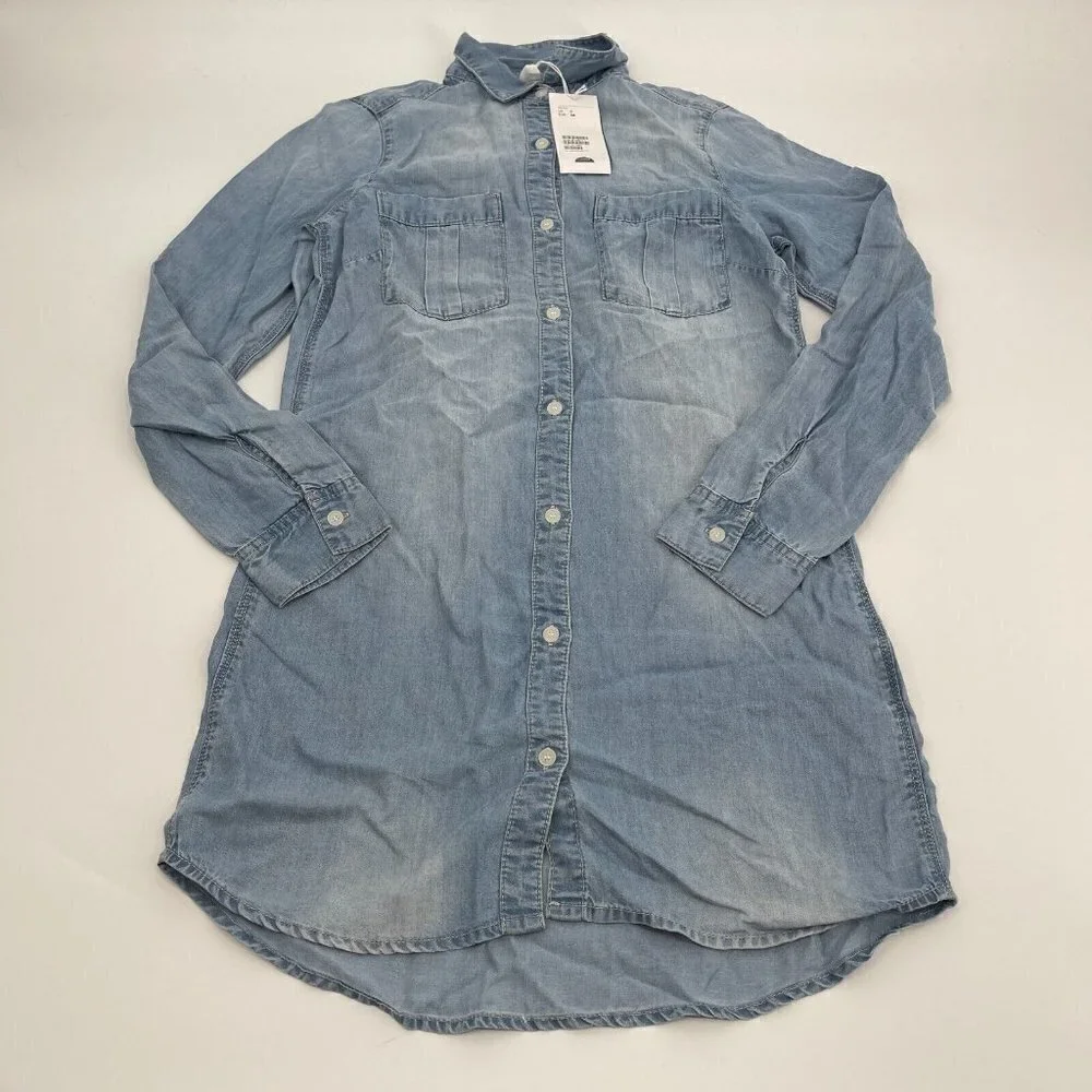 H&M Dress 0 Womens Blue Lightweight Shirt Dress Chambray Collared Casual New